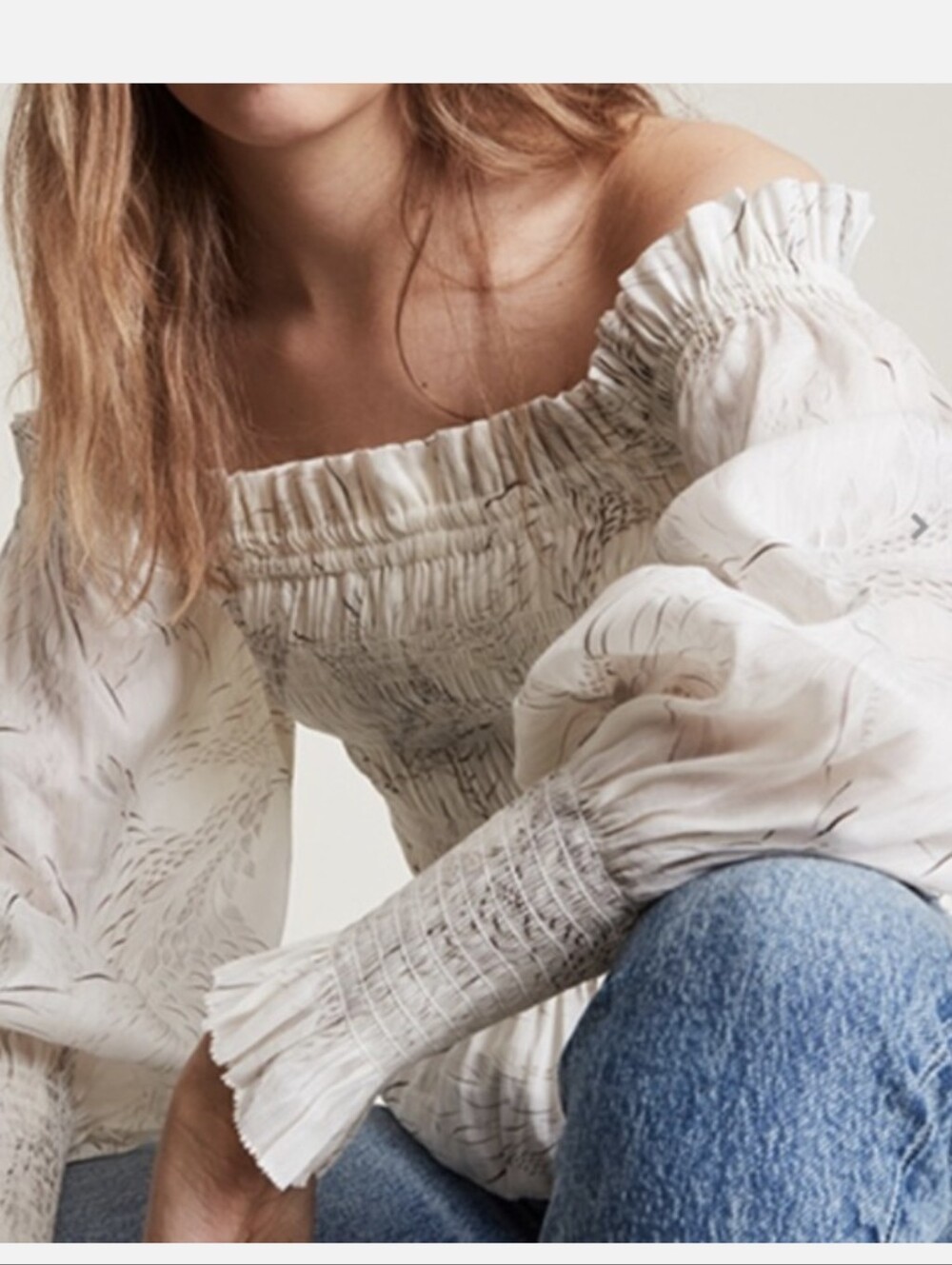 ALLSAINTS Lara Dover Silk Linen Off-Shoulder Puff Sleeve Blouse Size 0